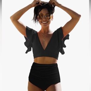 Black Ruffle Sleeve High-Waist Bikini Set